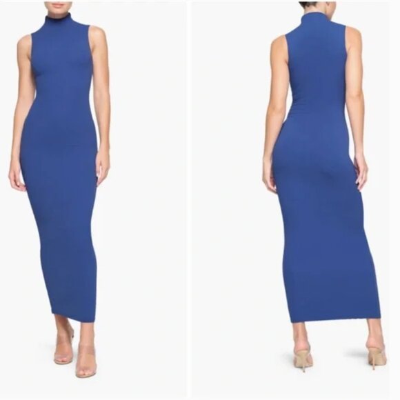 SKIMS Fits Everybody Sleeveless Mock Neck Maxi Dress Sapphire Blue Size L 10 - Picture 2 of 3